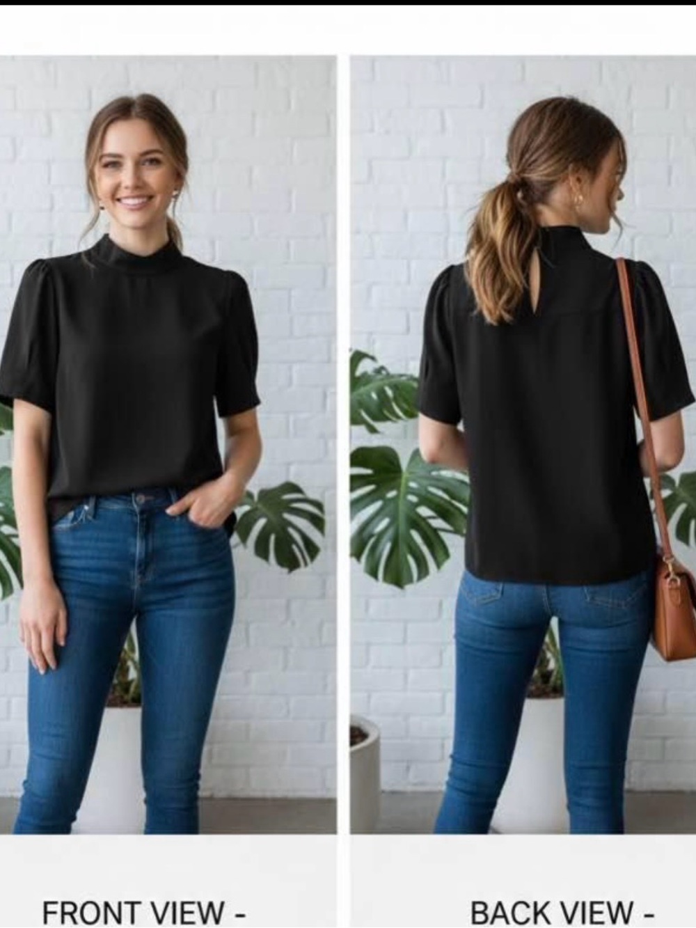 Classic Black Mock Neck Puff Sleeve Top - Women